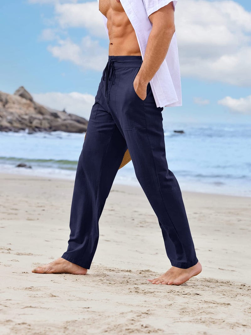 PASLTER Mens Casual Linen Pants Loose Fit Straight-Legs Elastic Drawstring Waist Summer Beach Yoga Long Pants A-Navy Blue - Image 3